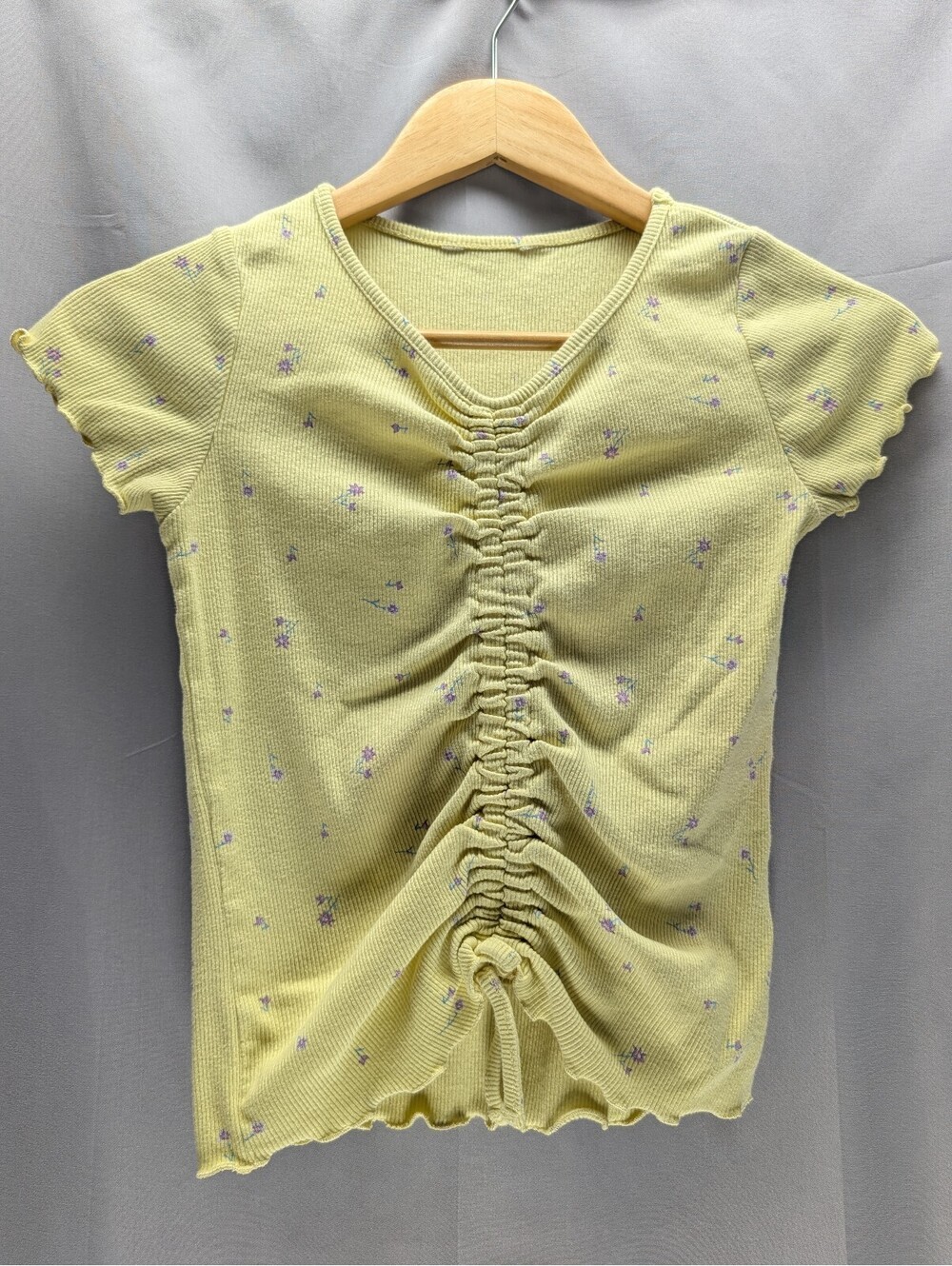 Yellow Floral Ruched Front Short Sleeve Top XS